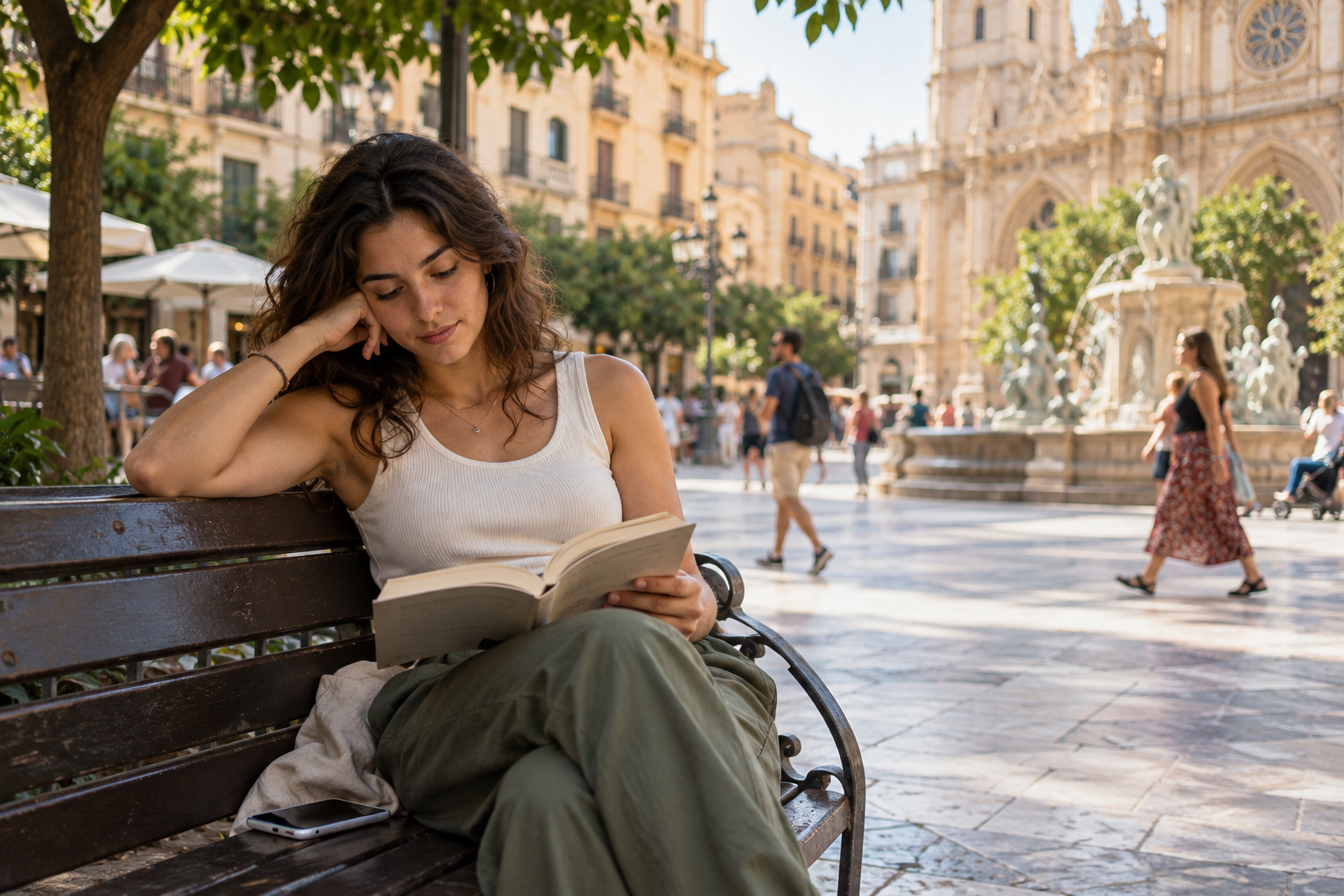 Una persona lee un libro junto a una ventana de la ciudad