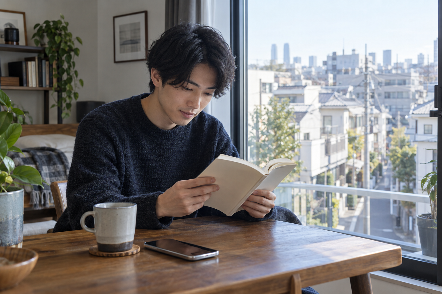 街の窓辺で本を読む人