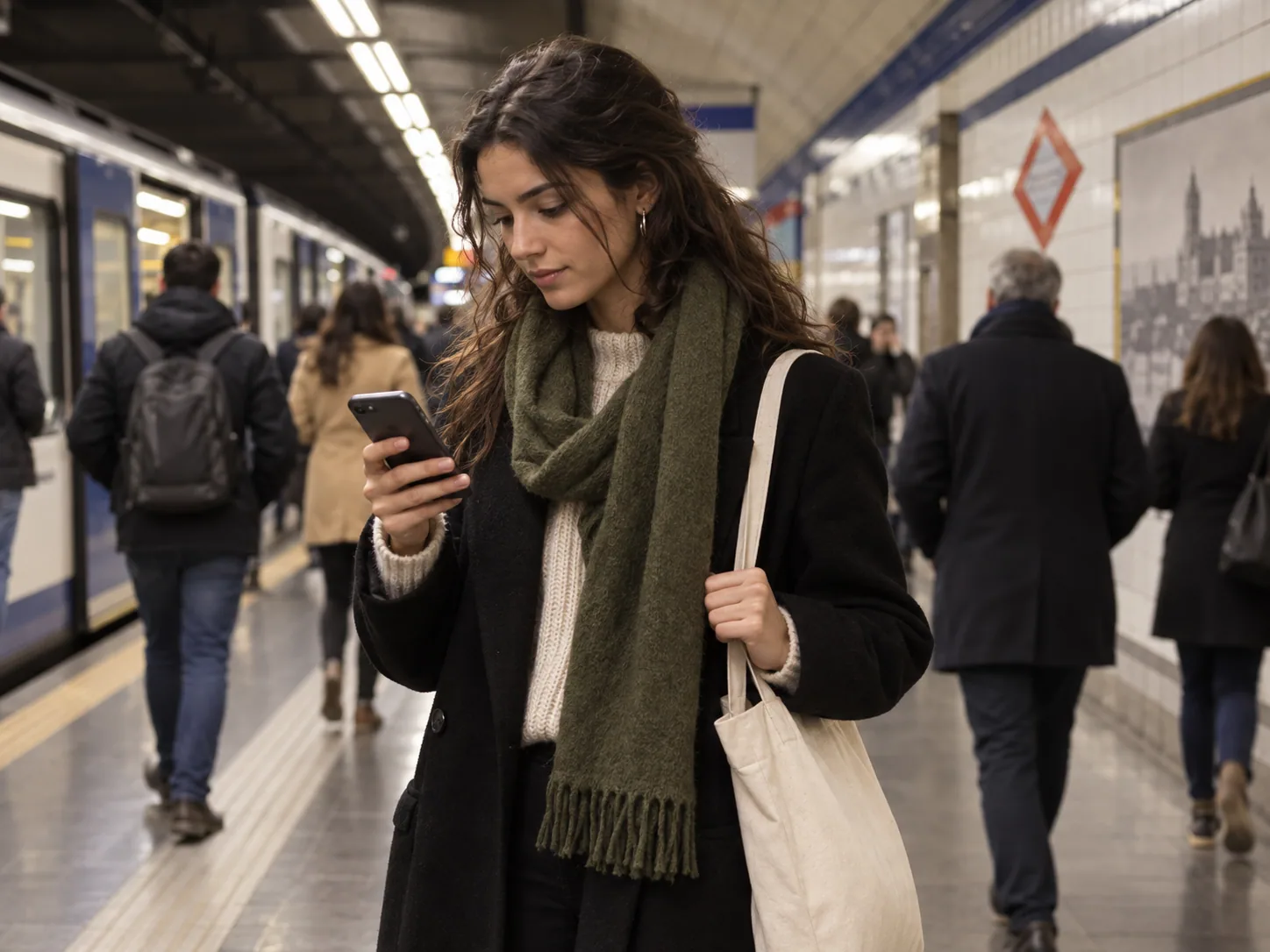 Una viajera consulta indicaciones en el metro de Madrid