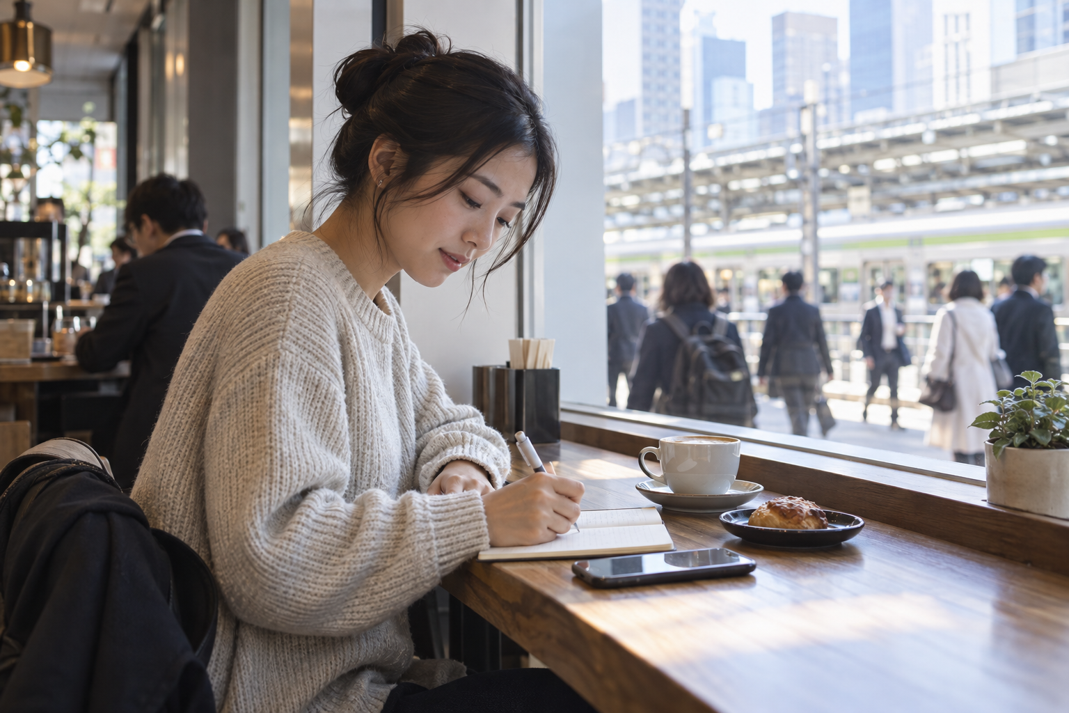 街のカフェで、スマートフォンのそばにノートを広げて表現を書き留める人。