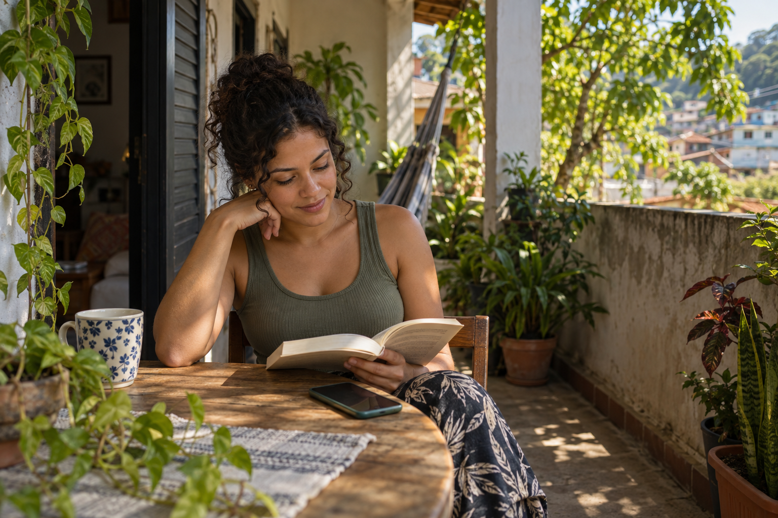 Uma pessoa lê um livro perto de uma janela com vista para a cidade