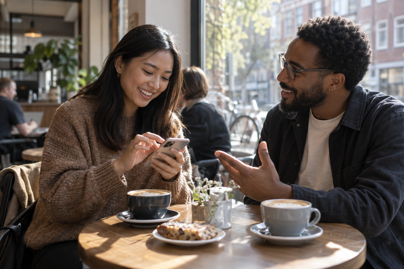 Friends talking over coffee while checking a phrase on a phone