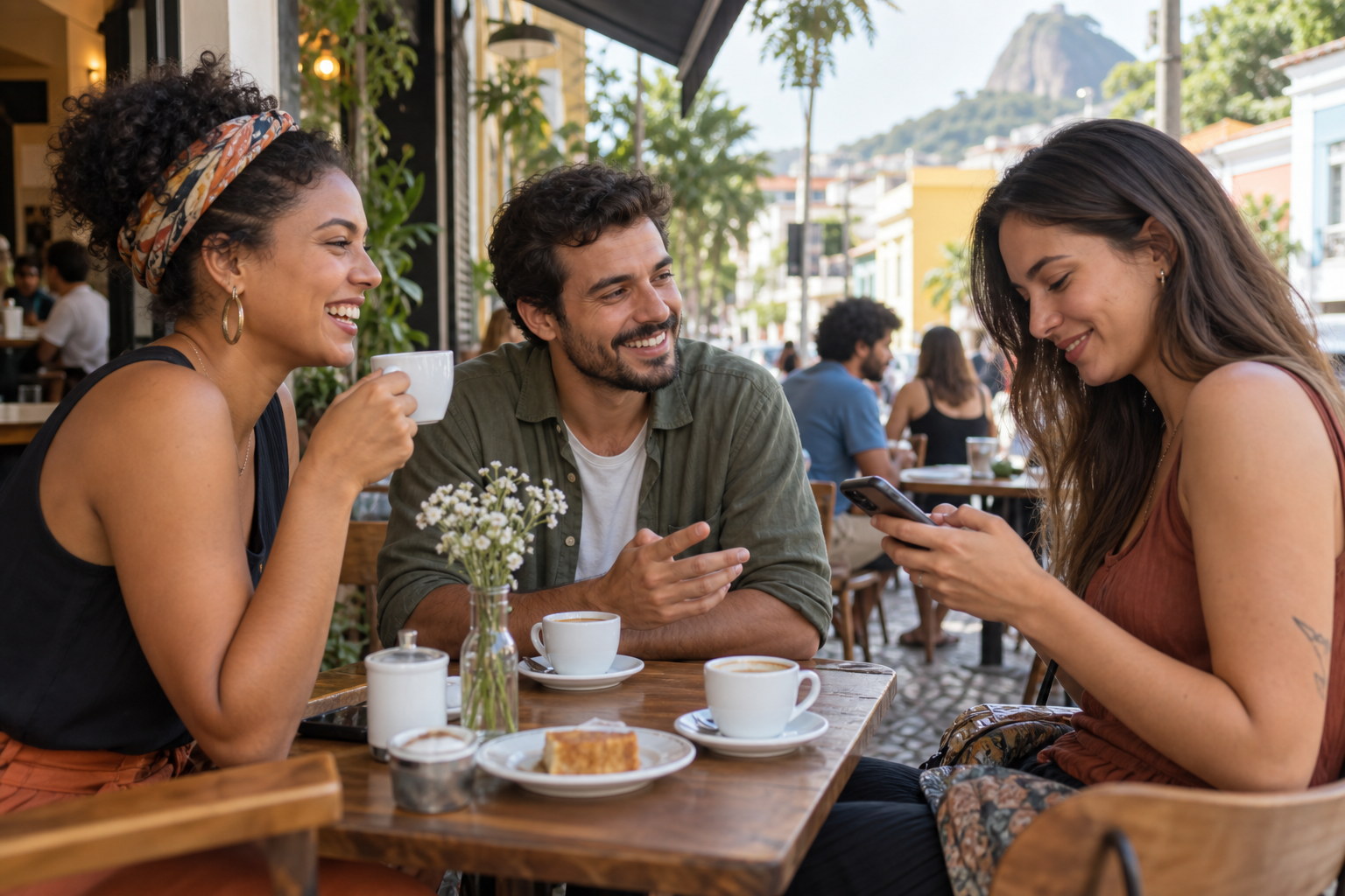 Amigos conversam tomando café enquanto conferem uma expressão no celular