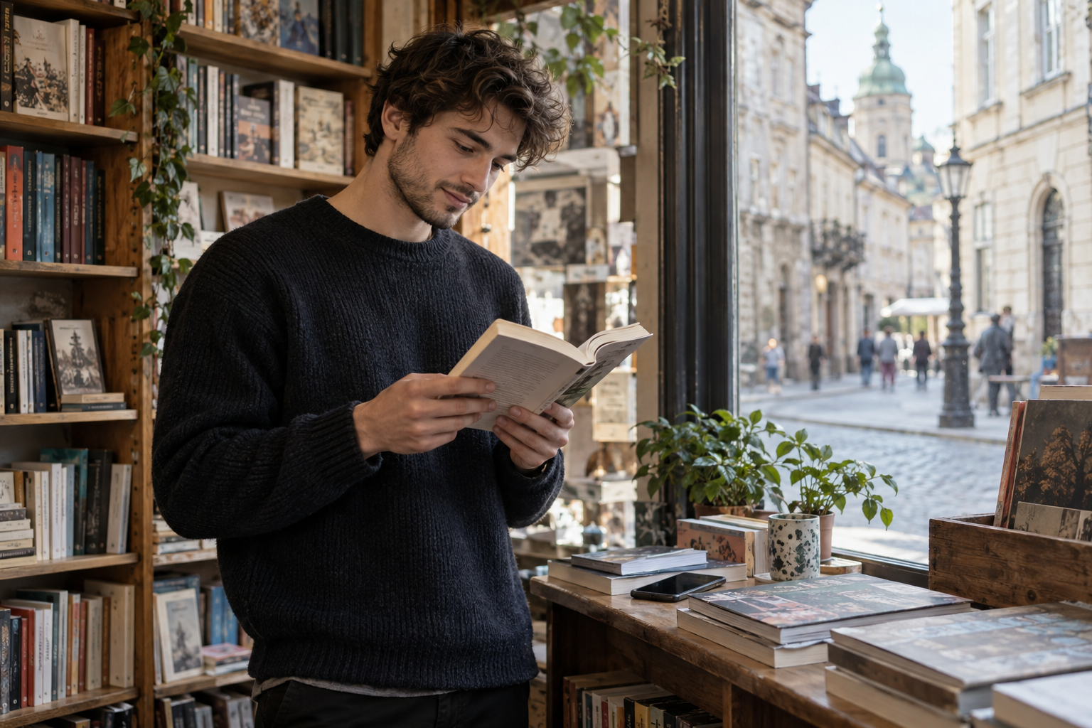 Читач зупинився з книжкою біля міського вікна