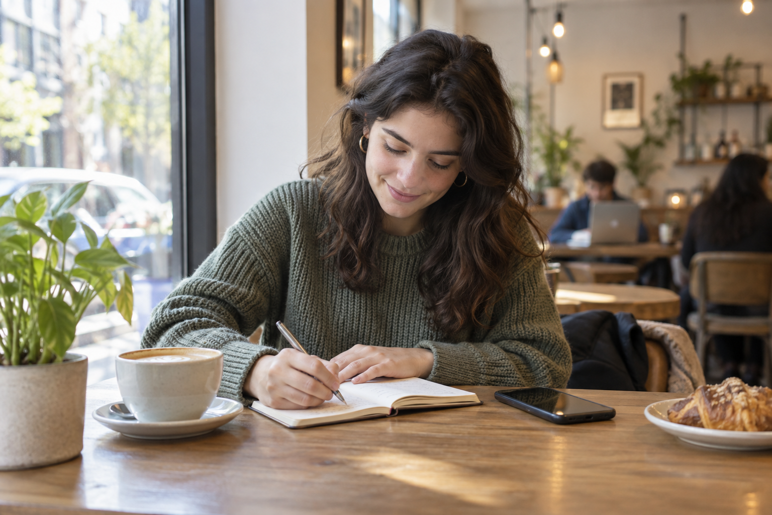 A learner writes a note in a cafe beside a phone and notebook.