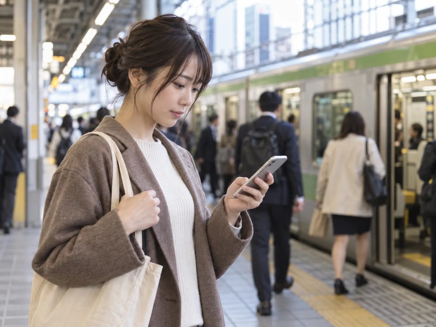 東京の駅でスマートフォンを使って行き先を確認する旅行者