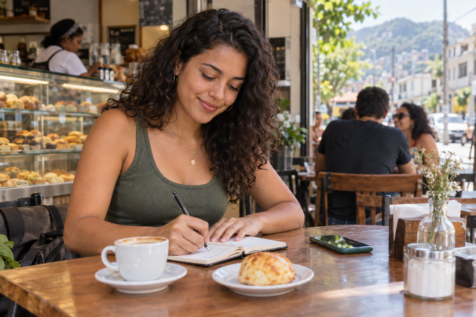 Pessoa anota uma expressão em uma cafeteria de bairro, com o celular ao lado.