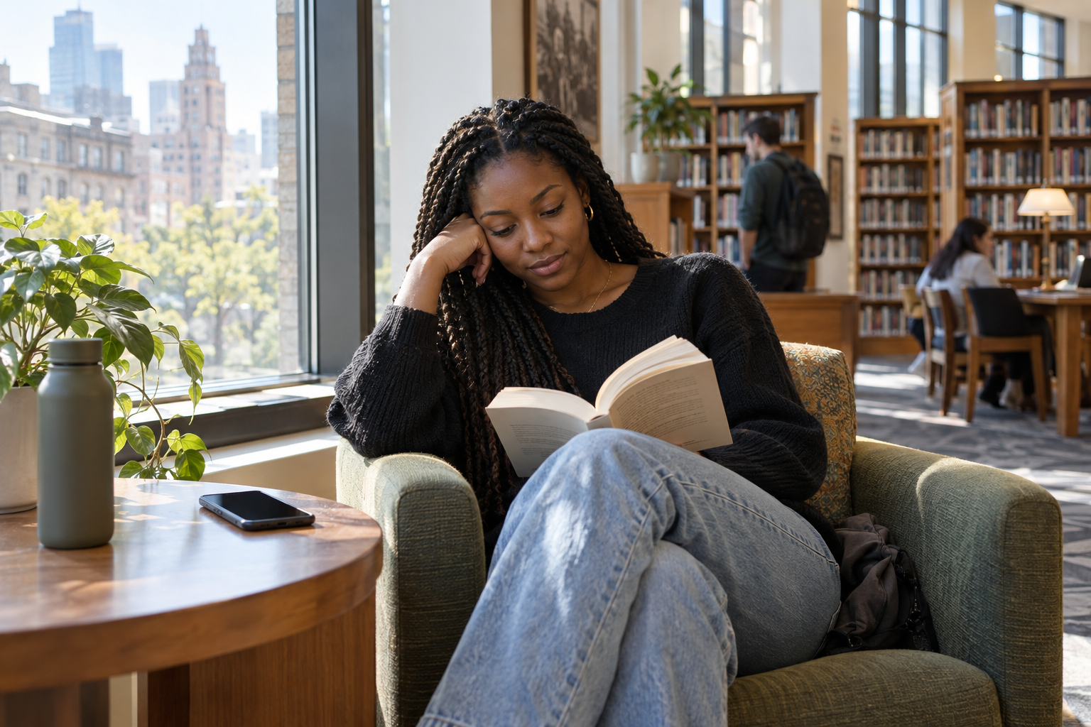 A reader pausing with a book by a city window