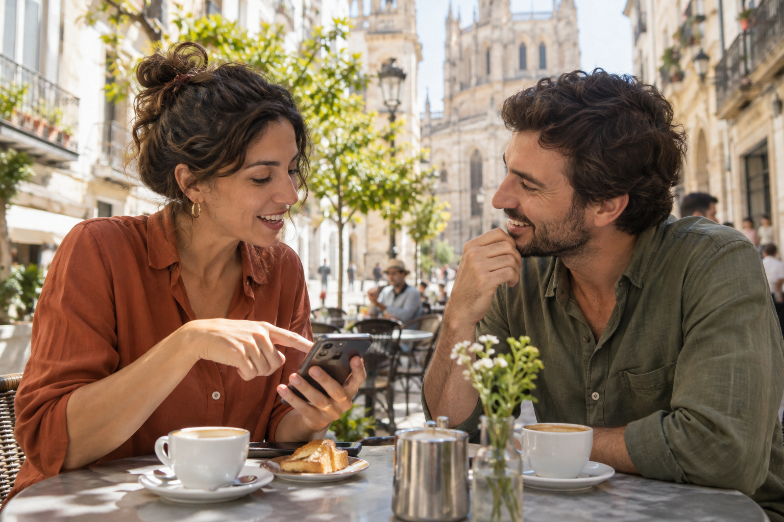 Amigos conversan con un café mientras consultan una frase en el móvil