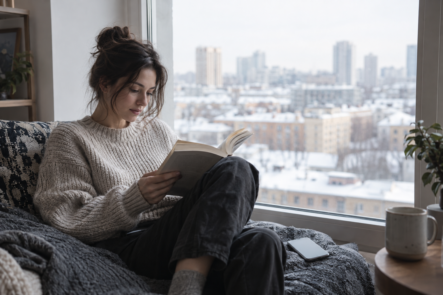 Читатель остановился с книгой у городского окна