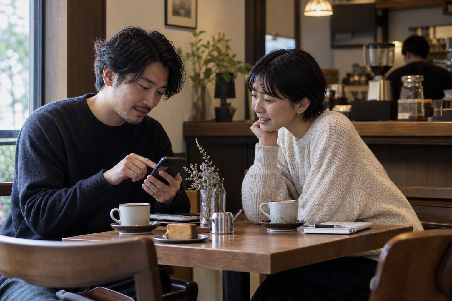 カフェで会話をしながらスマートフォンの表現を見る友人たち
