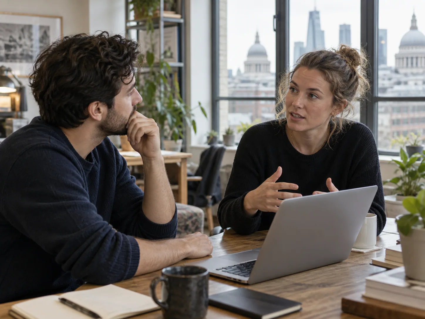 Two colleagues discuss an idea beside a laptop in a London office